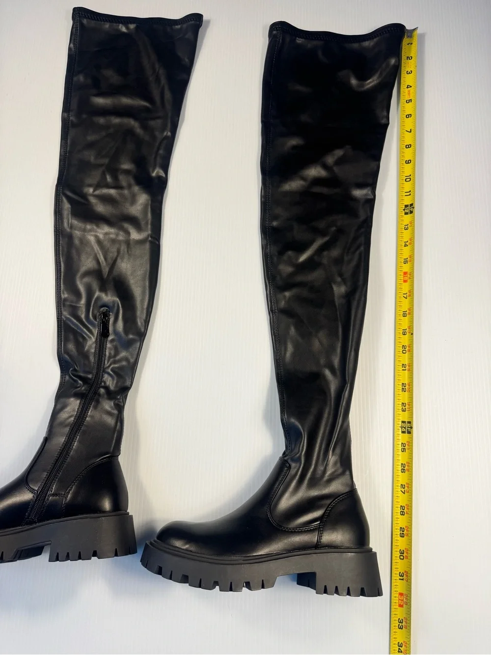 AZALEA WANG Ajuna Black Flat Thigh High Stretch PU Boots NIB